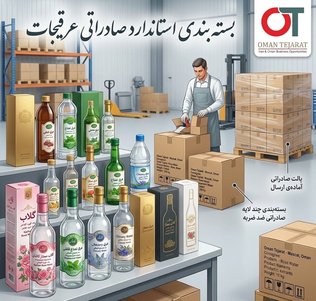 ظروف شیشه‌ای تیره و لیبل دو زبانه عربی انگلیسی عرقیجات صادراتی