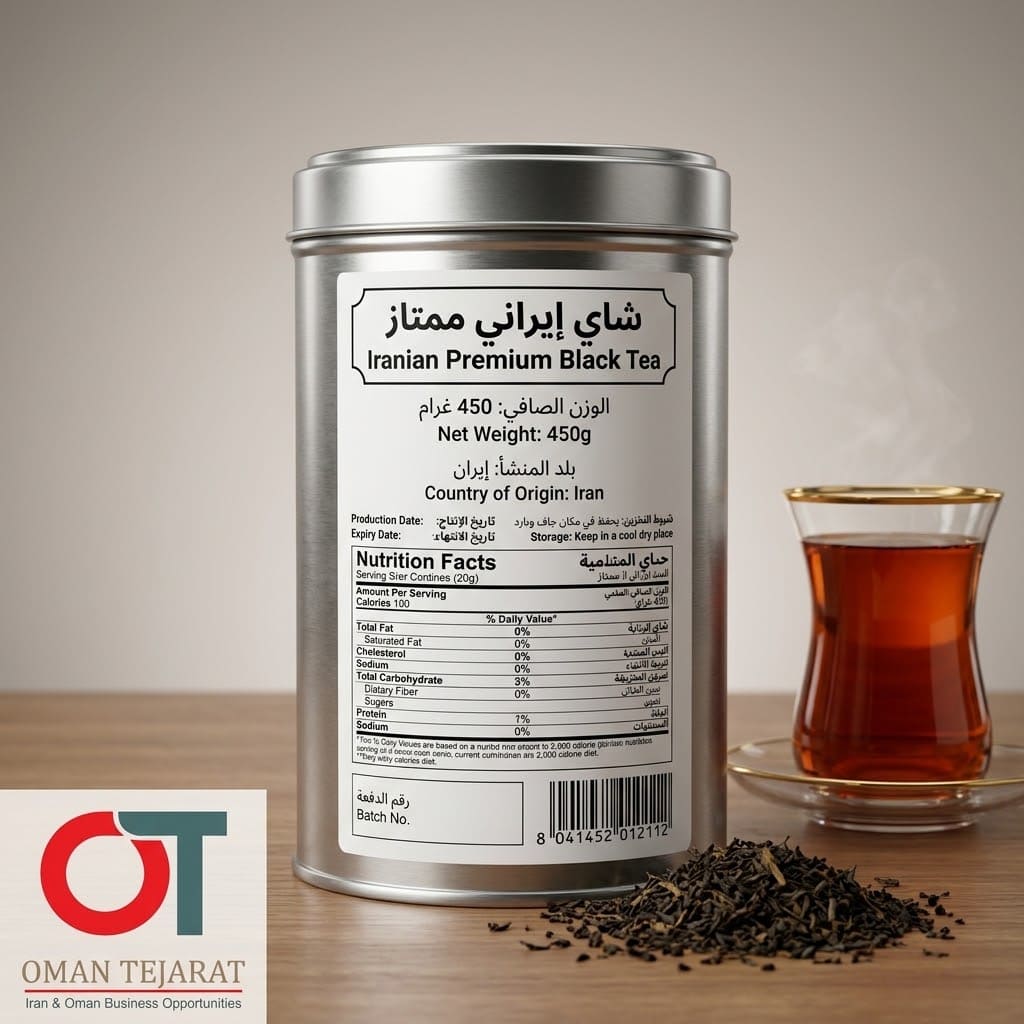 نمونه برچسب استاندارد GSO 9 روی قوطی چای صادراتی به عمان